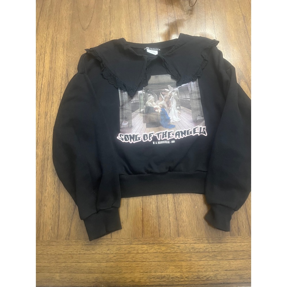 Zara Song of the Angels Graphic Sweatshirt Lace Collar Black Cropped Medium
